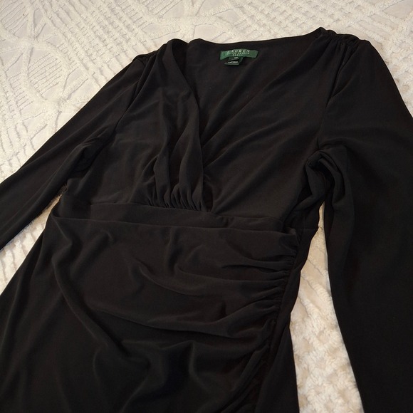 Lauren Ralph Lauren Black Faux Wrap Ruched V-Neck Dress 10P Petite 3/4 Sleeve - Picture 4 of 10